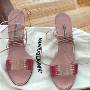 Pink alligator strappy Manolo sandals